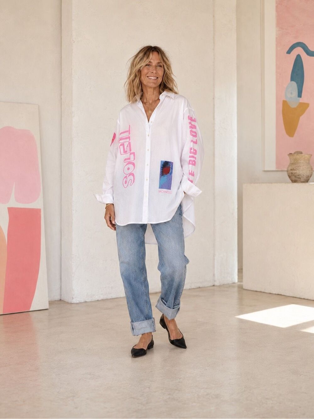 Kerri Rosenthal Soleil Jack Shirt White Pink Wearable Art Cotton Poplin XL